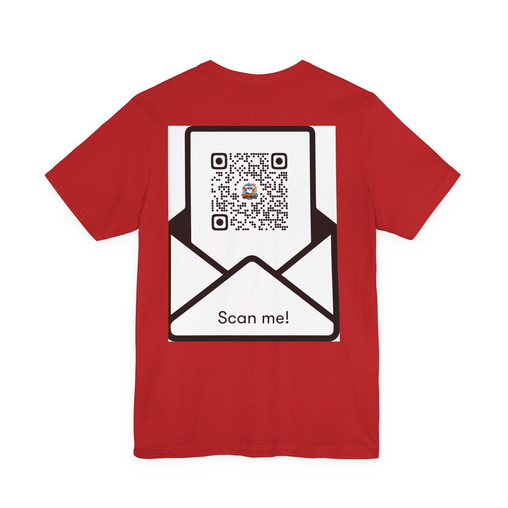 Graphic Tee — Colorful 'RedgeeeTs' Logo Front with QR Code 'Scan Me!' Back