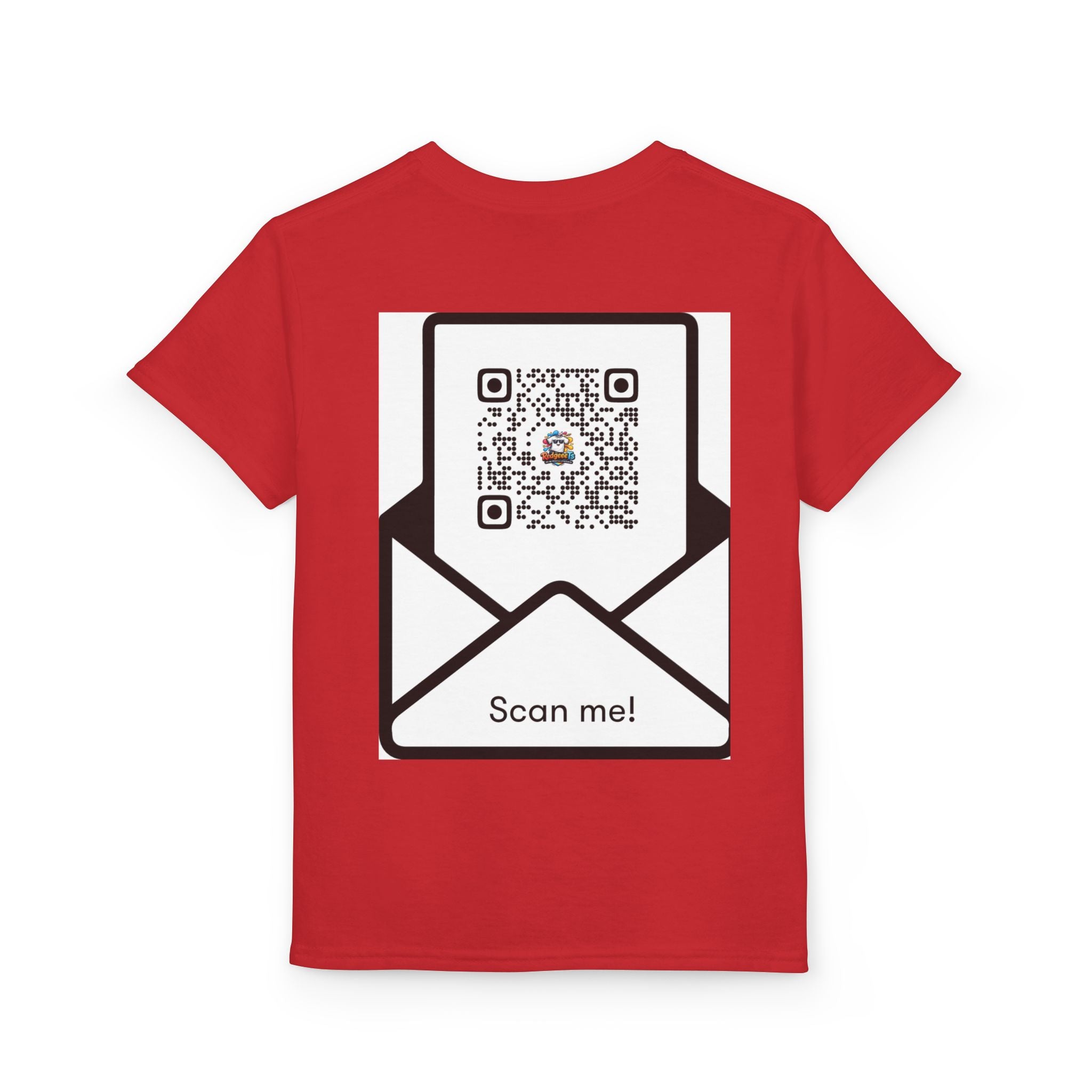Youth T-Shirt — Fun Mascot Front with 'RedgeeeTs' Logo & Back QR Code 'Scan Me'