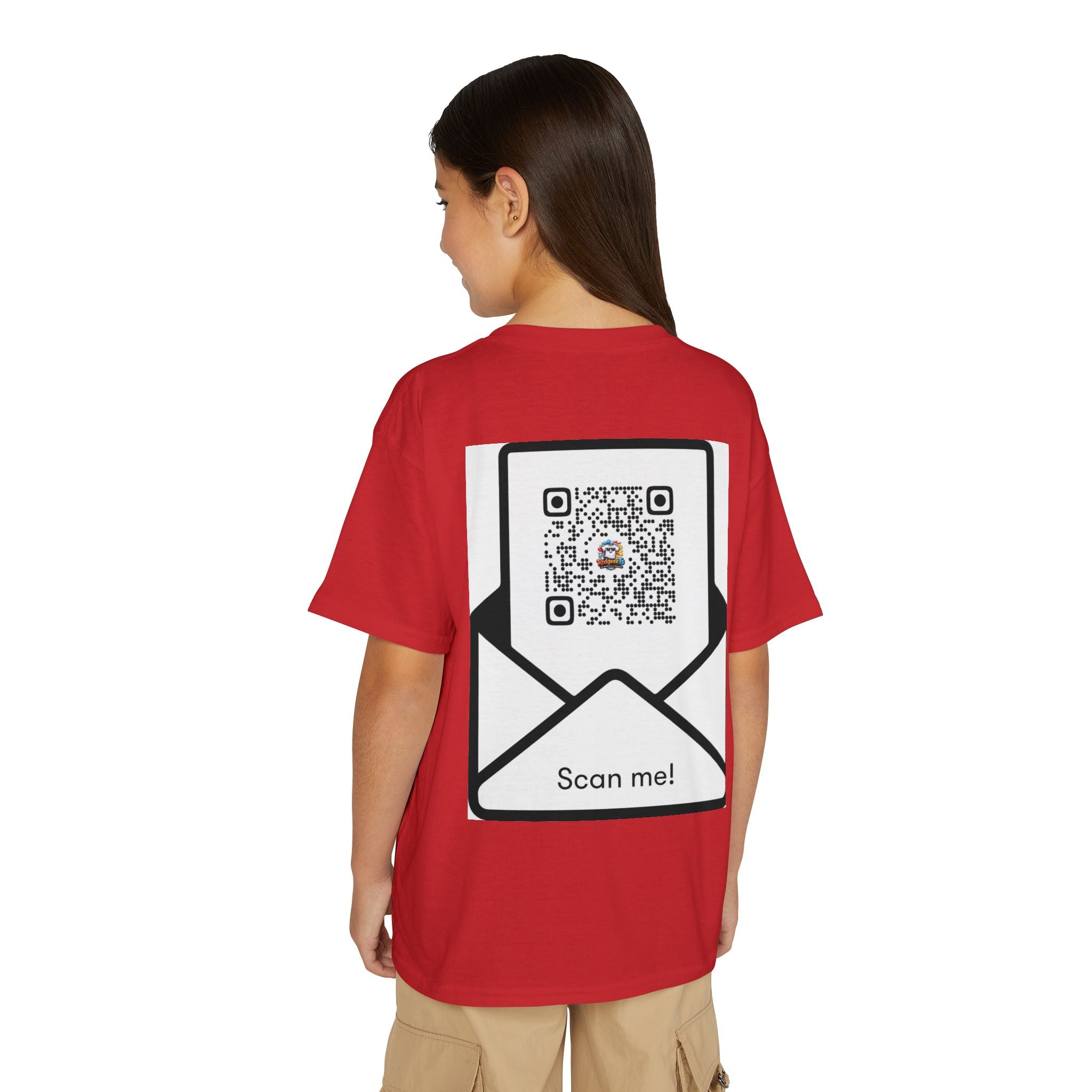 Youth T-Shirt — Fun Mascot Front with 'RedgeeeTs' Logo & Back QR Code 'Scan Me'