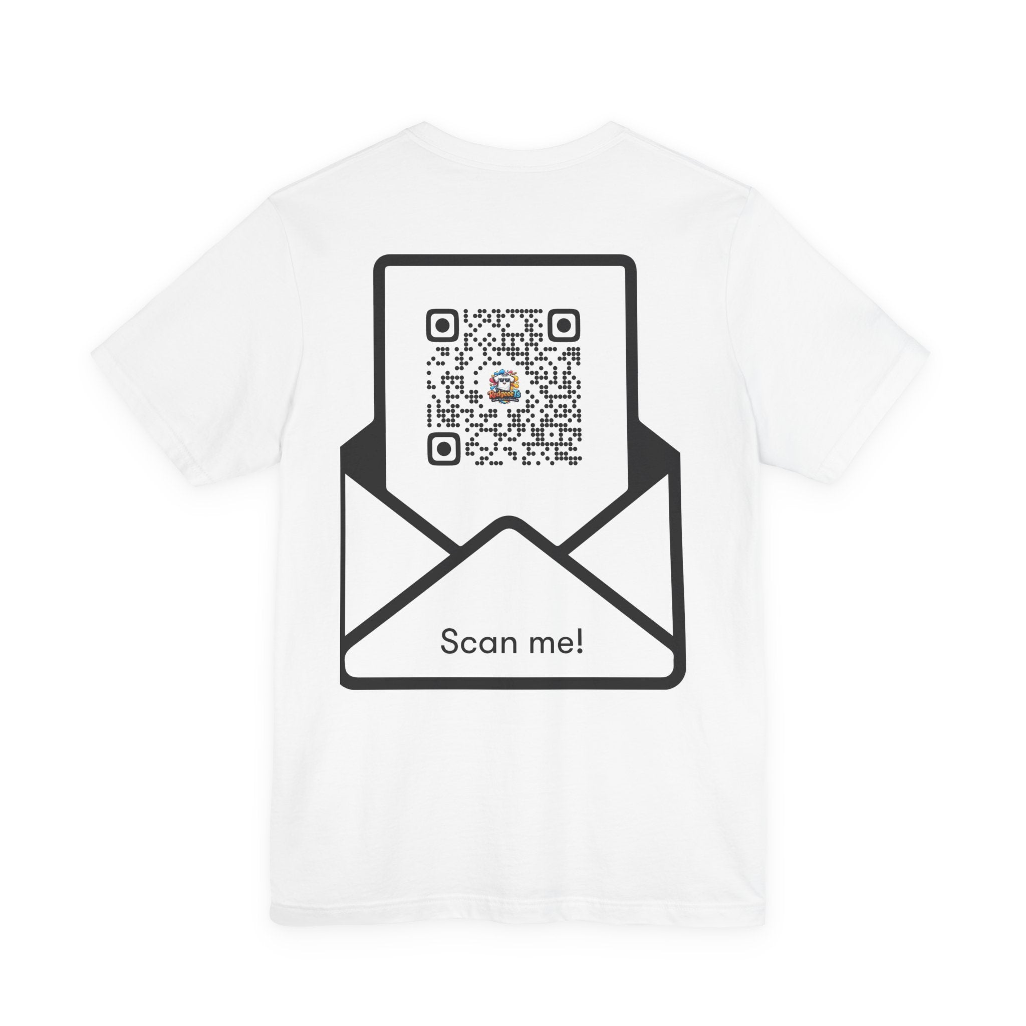 Graphic Tee — Colorful 'RedgeeeTs' Logo Front with QR Code 'Scan Me!' Back
