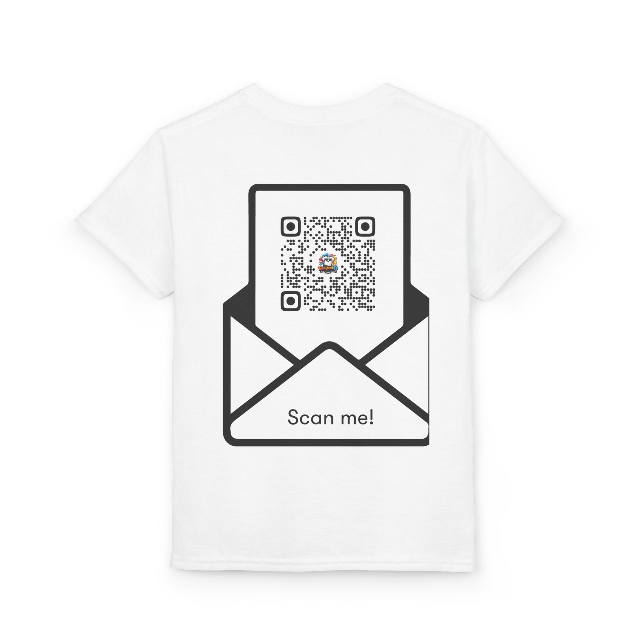 Youth T-Shirt — Fun Mascot Front with 'RedgeeeTs' Logo & Back QR Code 'Scan Me'